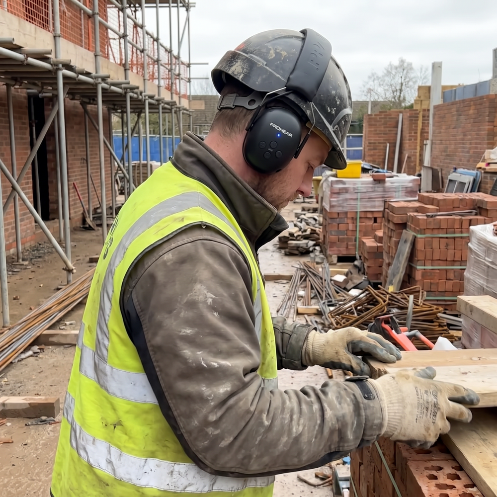 Construction worker on a building site wearing black electronic Bluetooth ear defenders with PPE gloves and hard hat