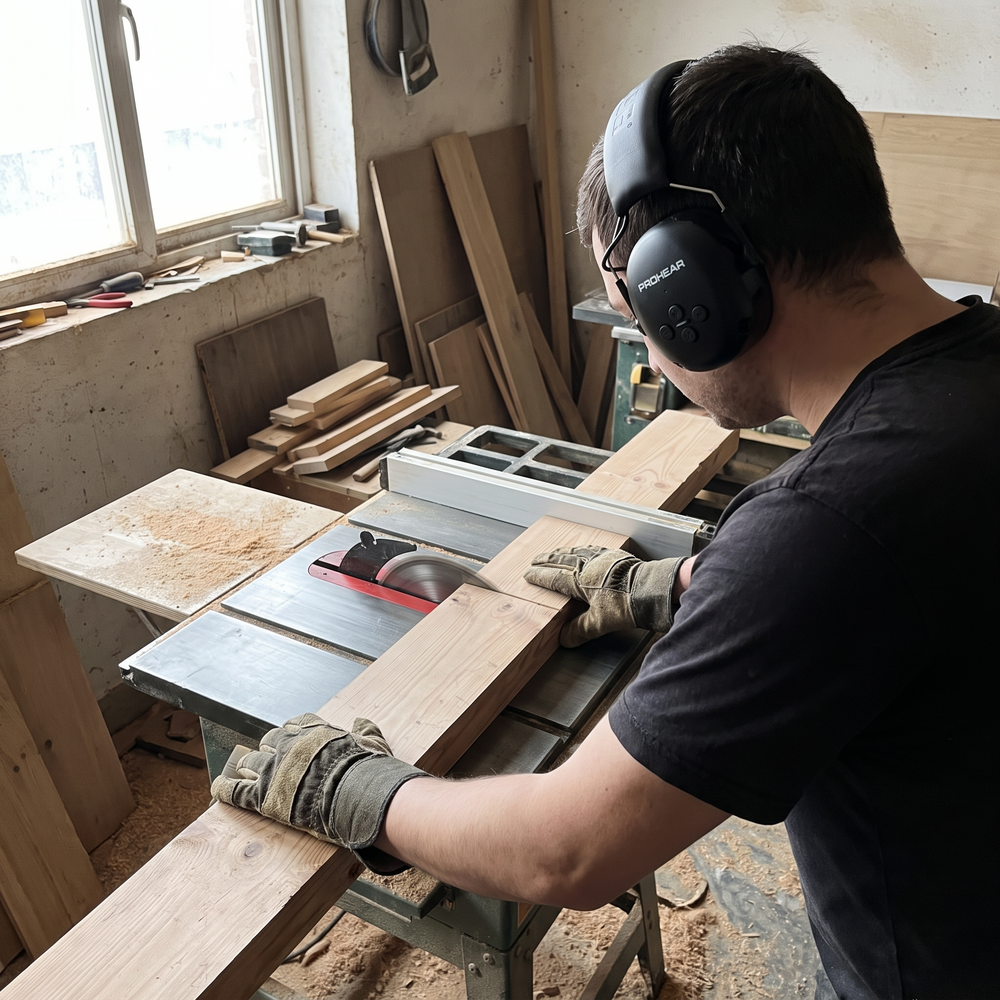 Joiner wearing black electronic Bluetooth ear defenders and PPE gloves while using a table saw in a workshop