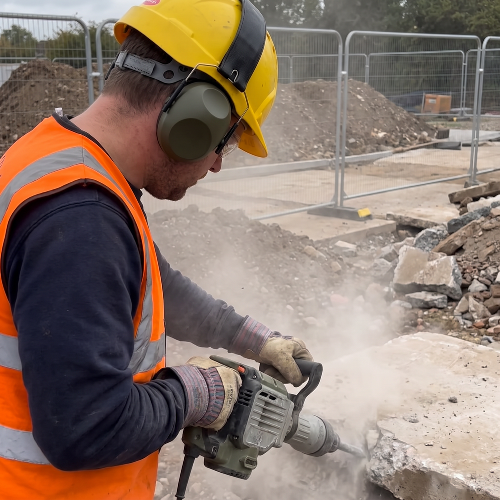 Groundworker wearing 24dB folding ear defenders and PPE gloves while using a concrete breaker on site