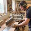 Carpenter wearing 24dB folding ear defenders and PPE gloves while feeding timber through a planer