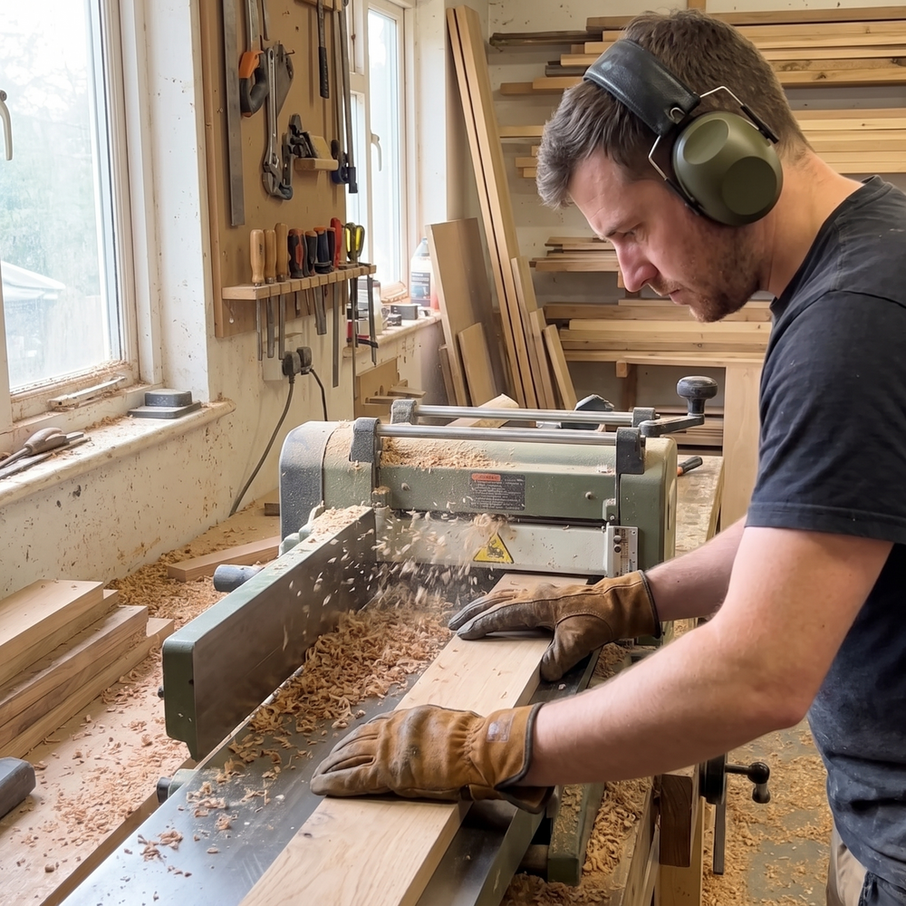 Carpenter wearing 24dB folding ear defenders and PPE gloves while feeding timber through a planer