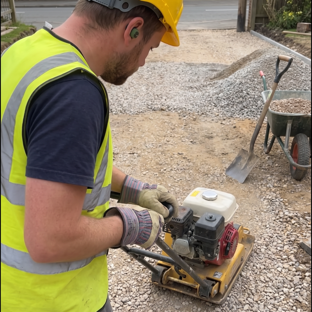 Groundworker wearing M20 electronic in-ear hearing protection earbuds and PPE gloves while using a plate compactor