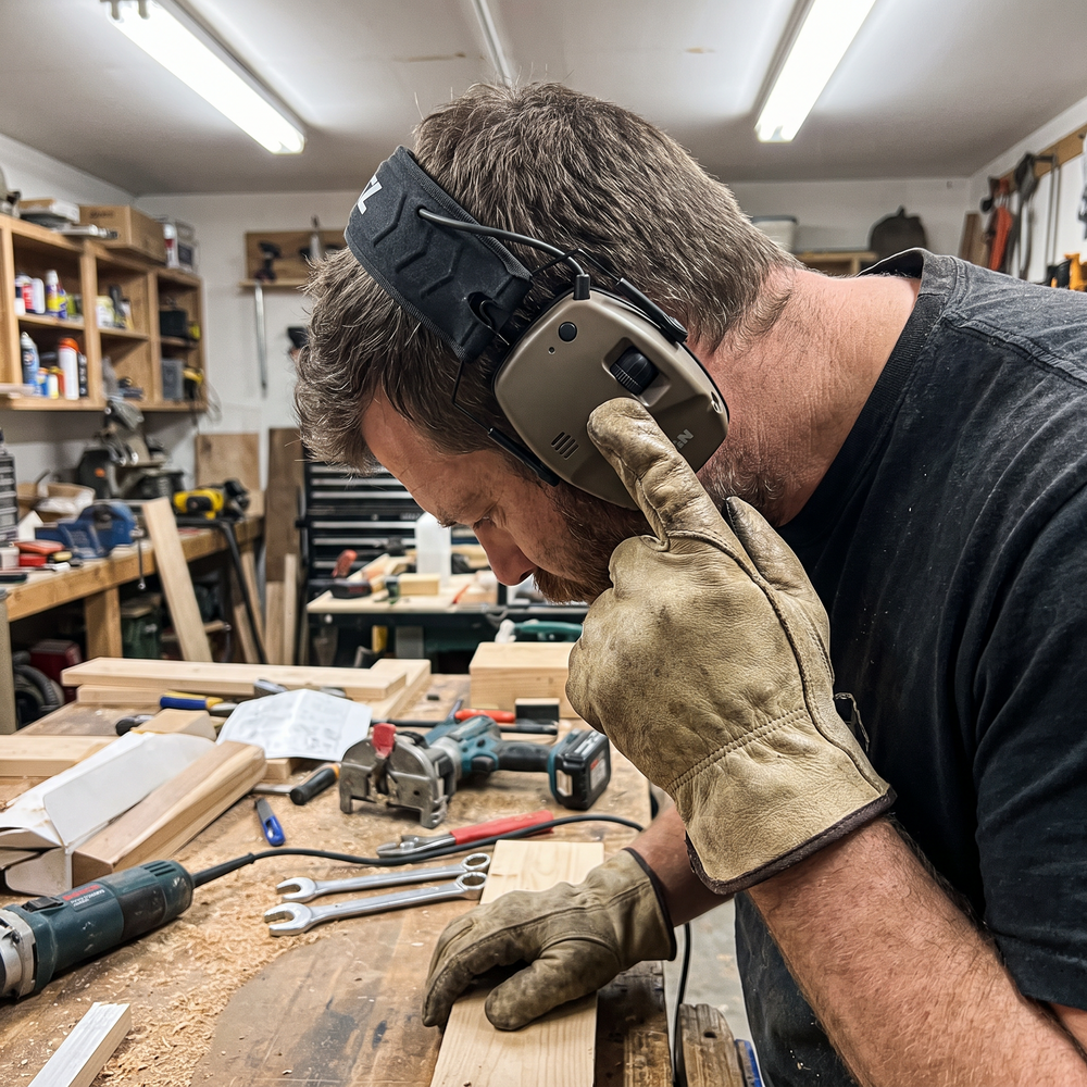 Tradesman pressing the ear cup button on NRR22 electronic Bluetooth ear muffs, wearing PPE gloves in a workshop