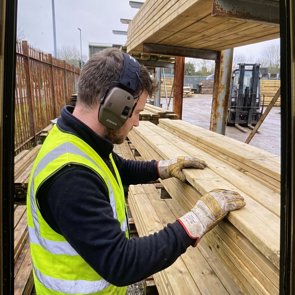Timber yard worker wearing NRR22 electronic Bluetooth ear muffs and PPE gloves while stacking timber