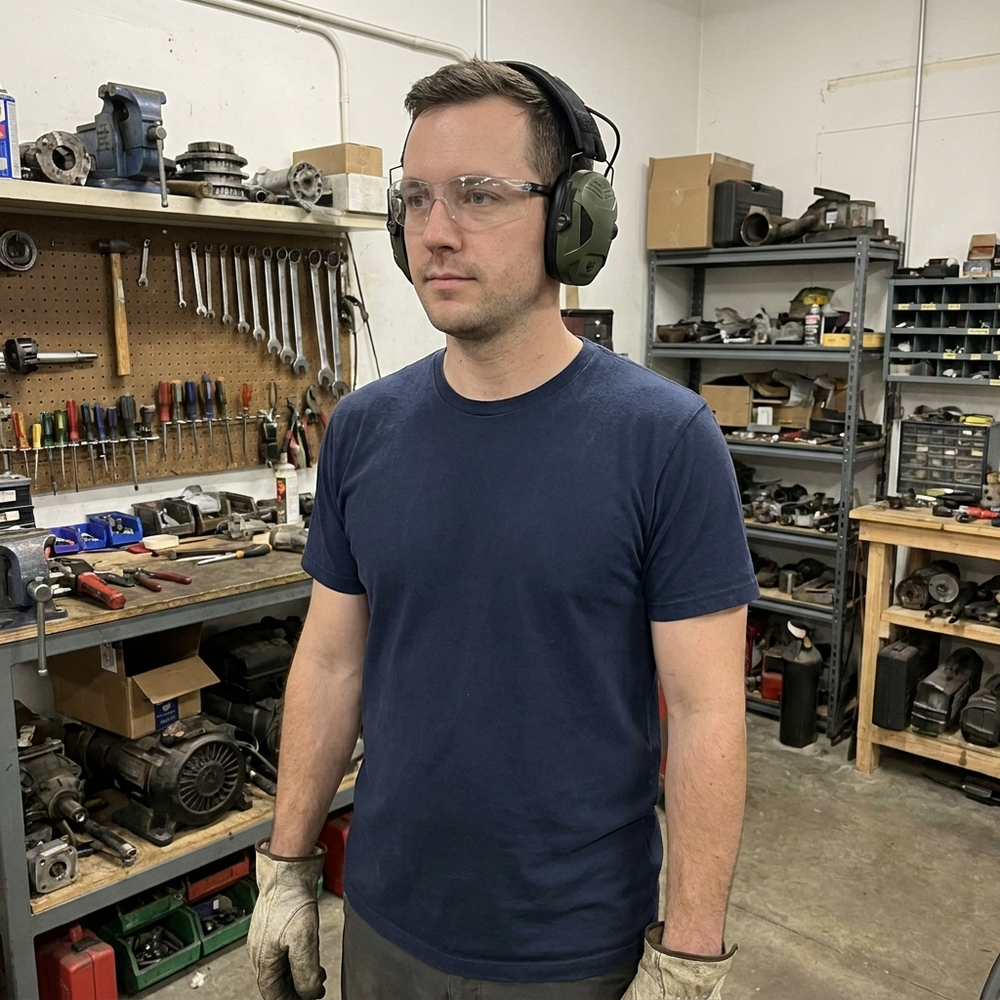 Lifestyle: workshop user wearing 23dB electronic ear defenders with volume control