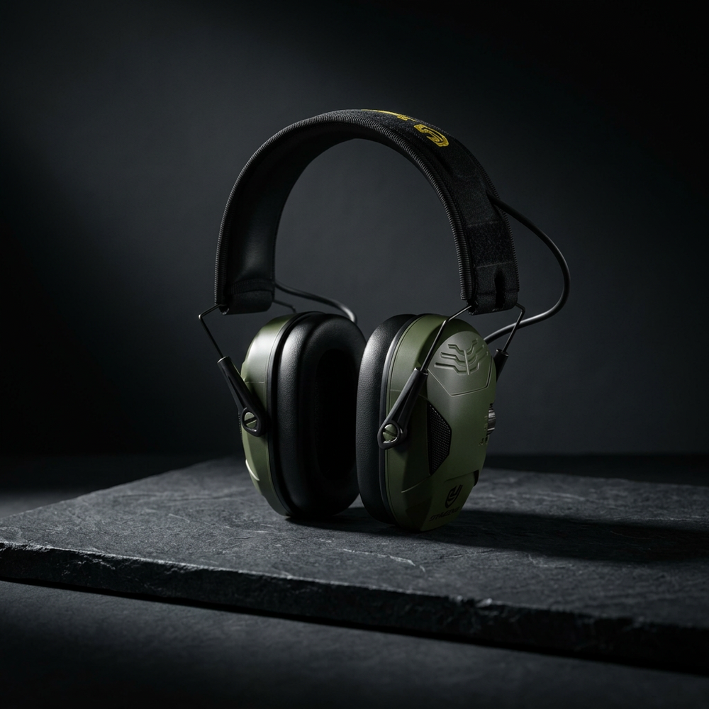 Premium hero: 23dB electronic ear defenders with volume dials on dark stone