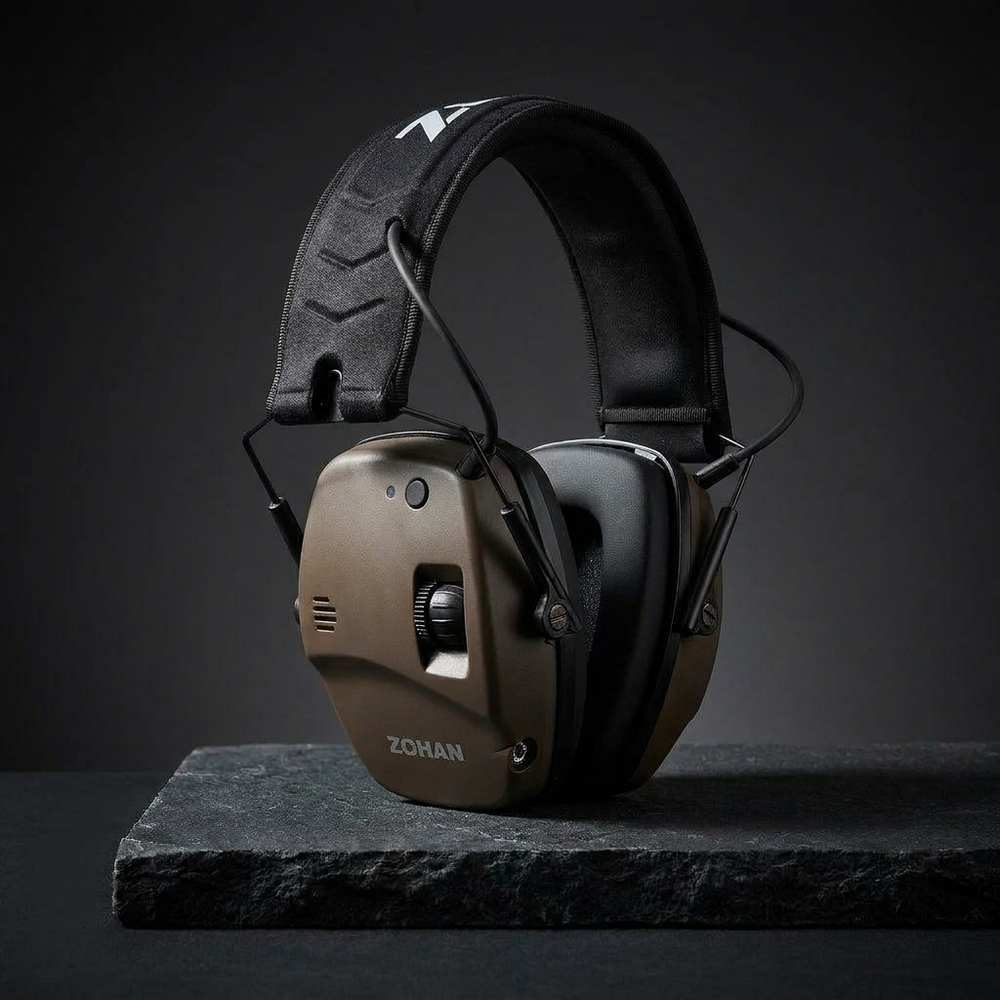 Premium hero: NRR22 electronic Bluetooth ear defender muffs on dark stone