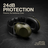 Feature graphic: 24dB passive protection, no batteries, ABS shell, folding frame