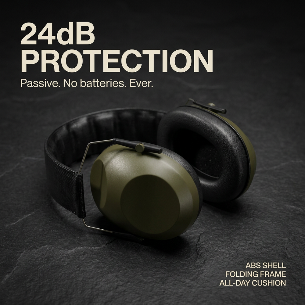 Feature graphic: 24dB passive protection, no batteries, ABS shell, folding frame
