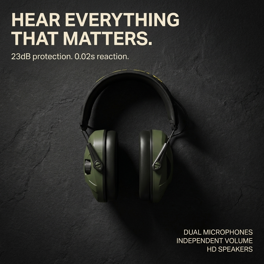 Feature graphic: 23dB protection, 0.02s reaction, dual microphones, HD speakers