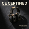 Feature graphic: CE certified, adjustable headband, padded cushions, full over-ear seal