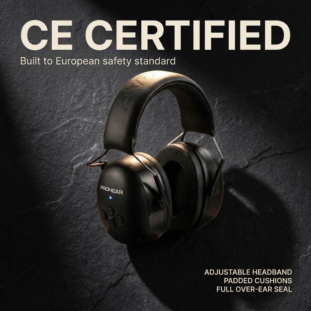Feature graphic: CE certified, adjustable headband, padded cushions, full over-ear seal