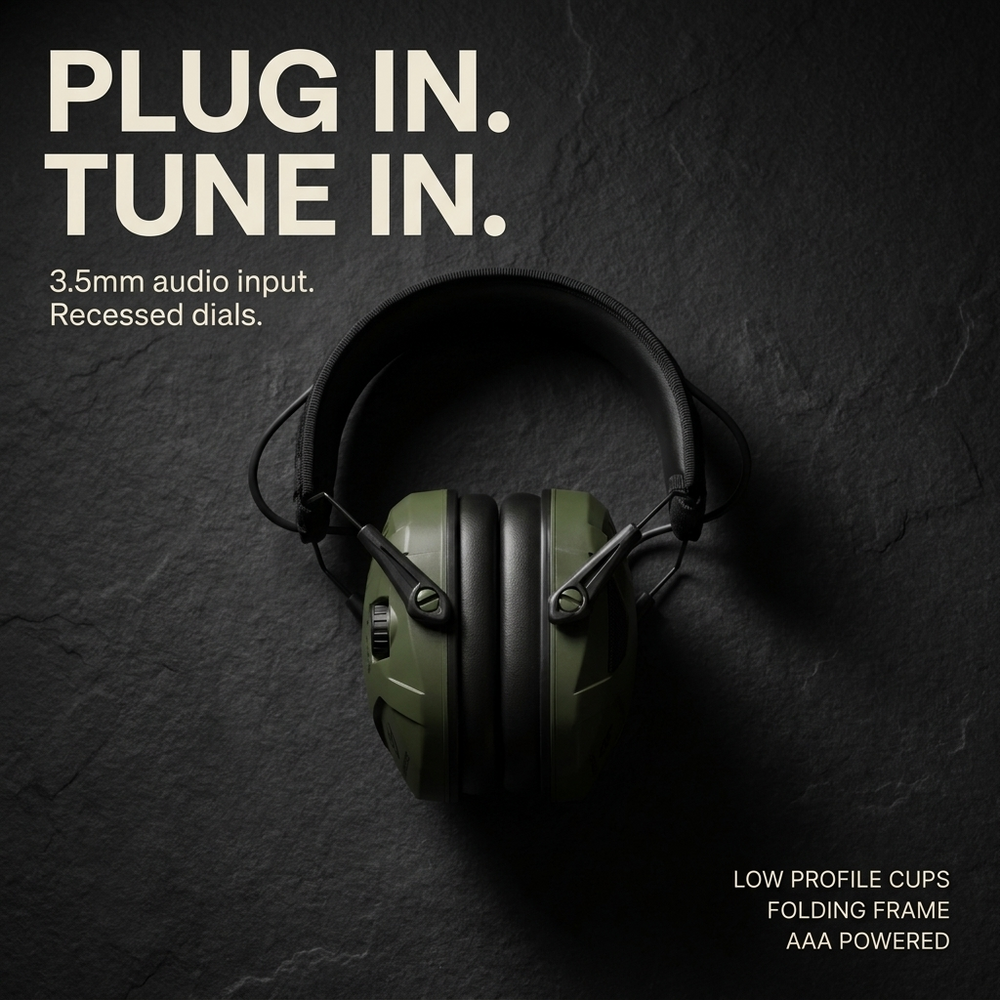 Feature graphic: 3.5mm audio input, recessed dials, low profile cups, AAA powered