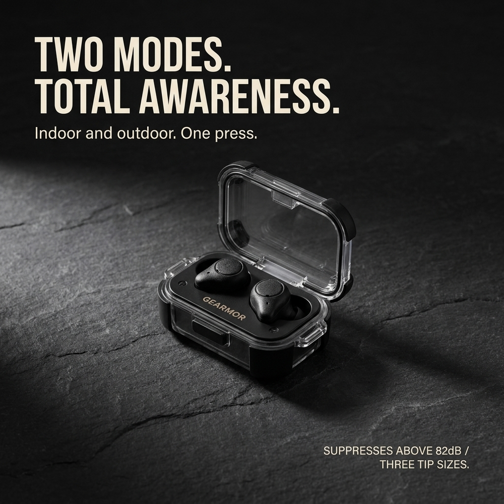 Feature graphic: two modes, suppresses noise above 82dB, three tip sizes