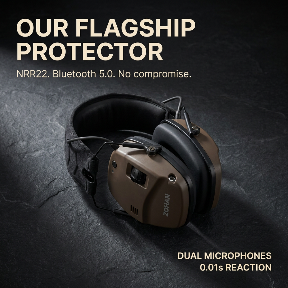 Feature graphic: flagship protector, NRR22, Bluetooth 5.0, dual mics, 0.01s reaction