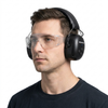 Model in PPE goggles wearing CE certified Bluetooth 5.0 ear defenders on a white background