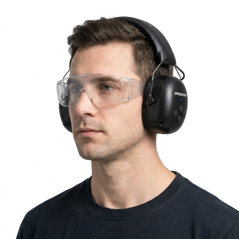 Model in PPE goggles wearing CE certified Bluetooth 5.0 ear defenders on a white background