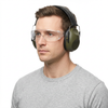 Model in PPE goggles wearing 24dB ear defender muffs on a white background