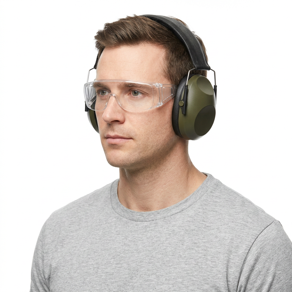 Model in PPE goggles wearing 24dB ear defender muffs on a white background