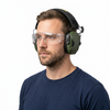 Model in PPE goggles wearing 23dB electronic ear defenders on a white background