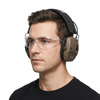 Model in PPE goggles wearing NRR22 electronic Bluetooth ear defender muffs on a white background