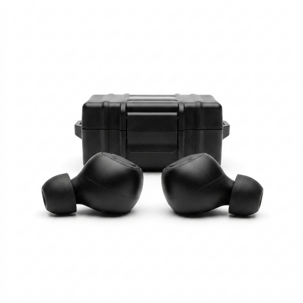 M20 electronic hearing protection earbuds and charging case in black on a white background