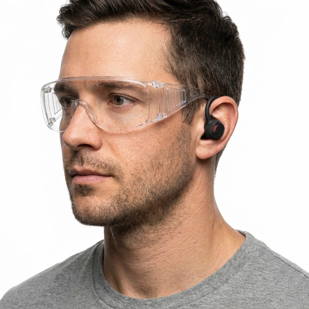 Model in PPE goggles wearing a black M20 electronic hearing protection earbud on a white background