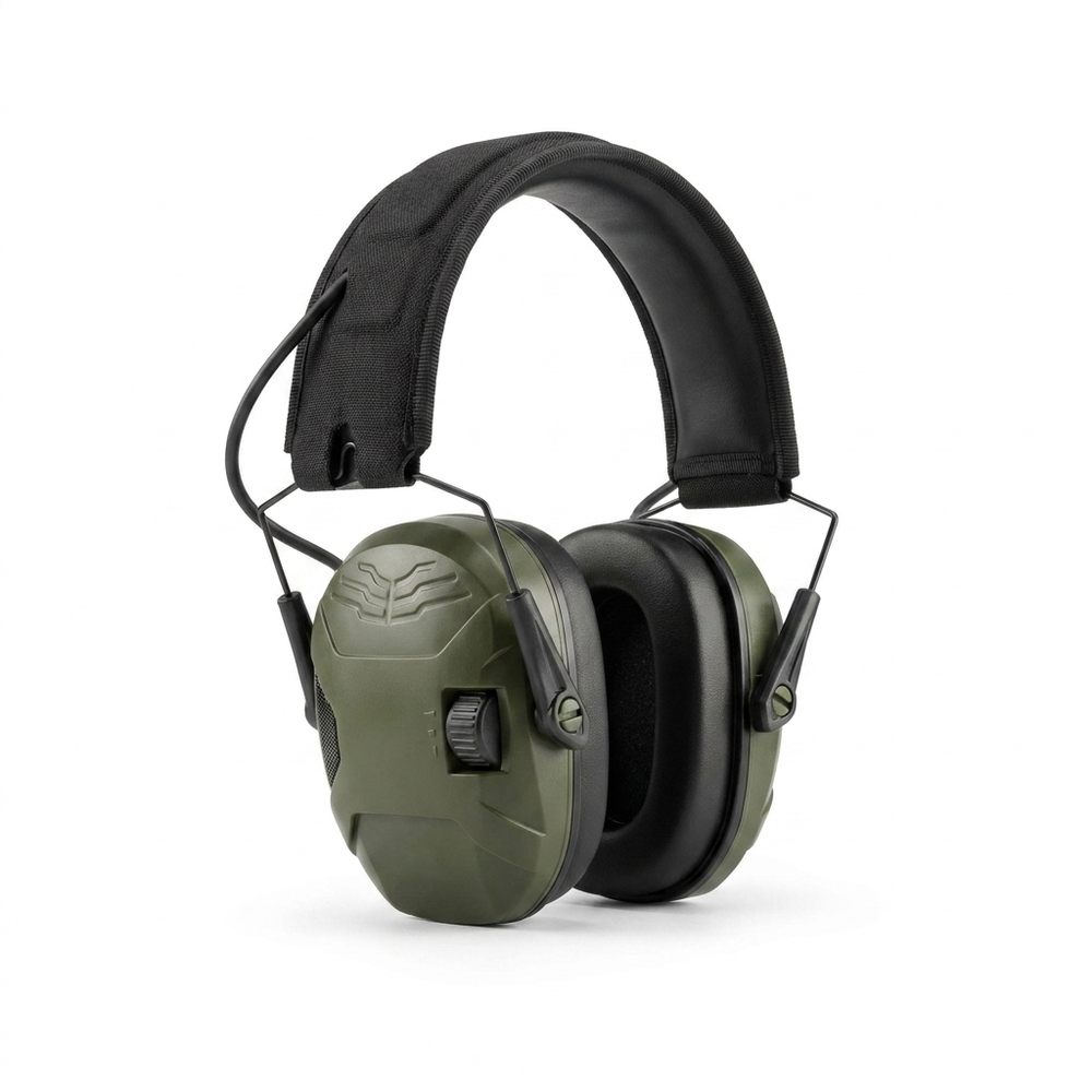 23dB electronic ear defenders with volume dials at a three-quarter angle on a white background