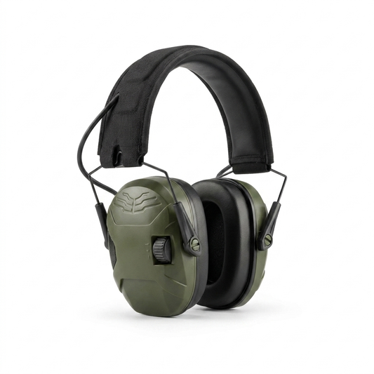 23dB electronic ear defenders with volume dials at a three-quarter angle on a white background