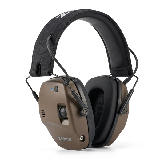 NRR22 electronic Bluetooth ear defender muffs at a three-quarter angle on a white background