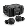 Black M20 electronic hearing protection earbuds and charging case at a three-quarter angle on a white background