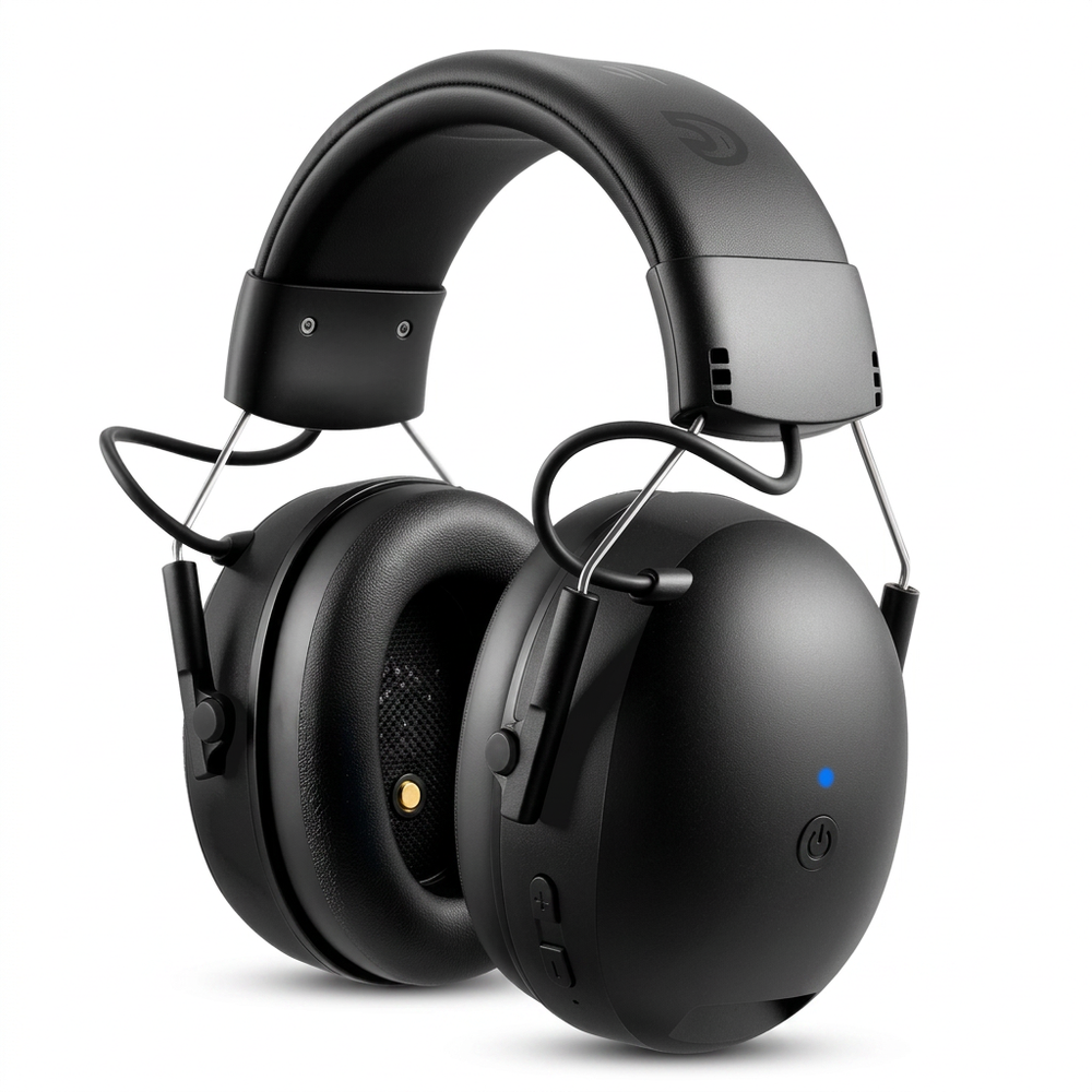 Rechargeable Bluetooth ear defender muffs at a three-quarter angle on a white background