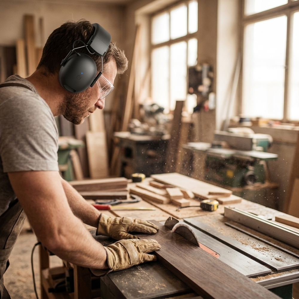 Lifestyle: workshop user wearing rechargeable Bluetooth ear defender muffs