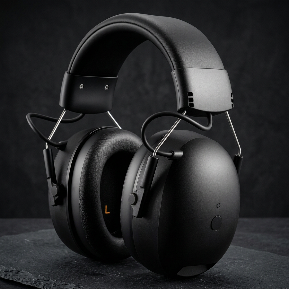 Premium hero: rechargeable Bluetooth ear defender muffs on dark stone